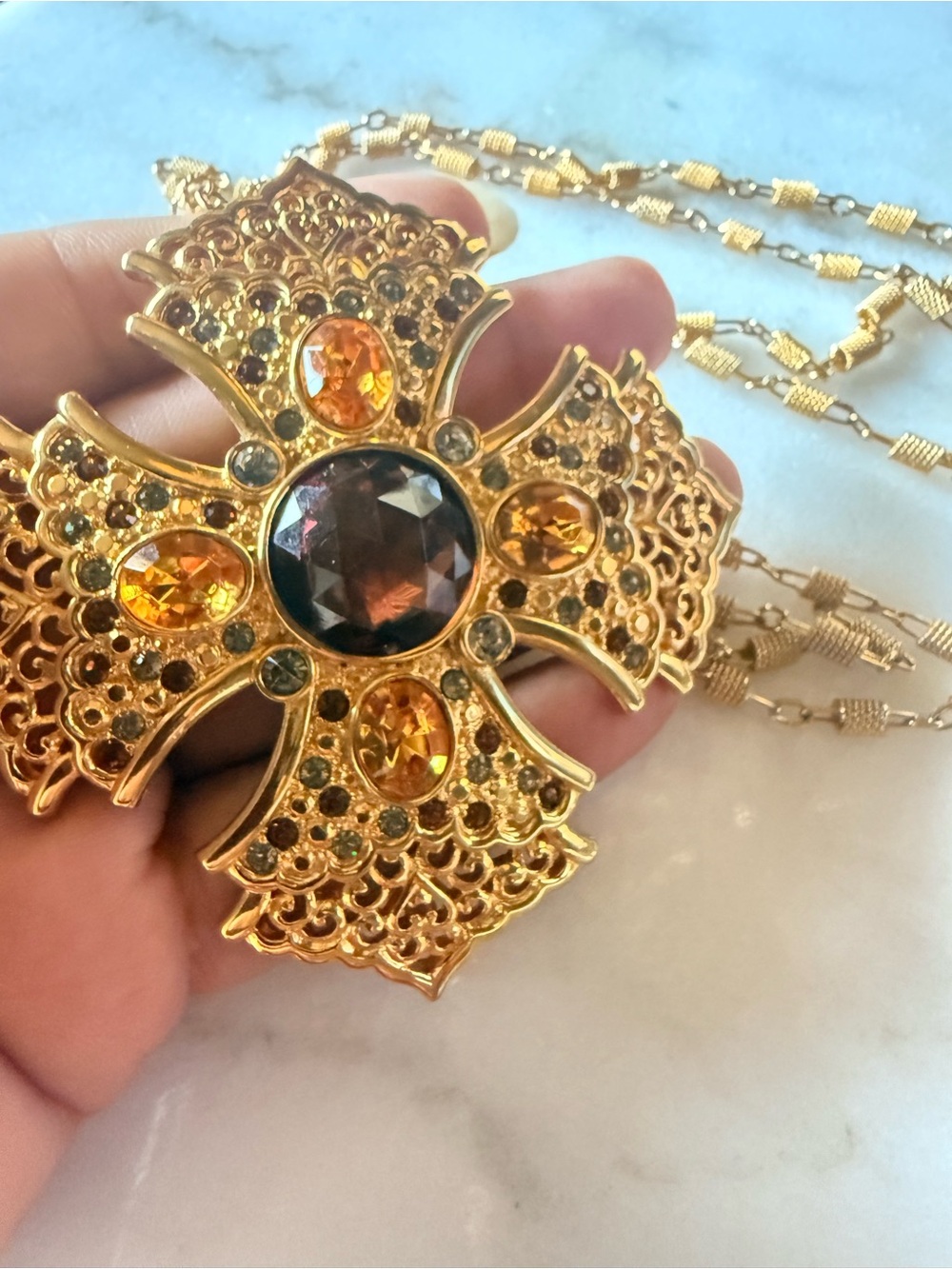 Estate Alana Stewart Large Jewel Maltese Cross Necklace & Brooch Pin